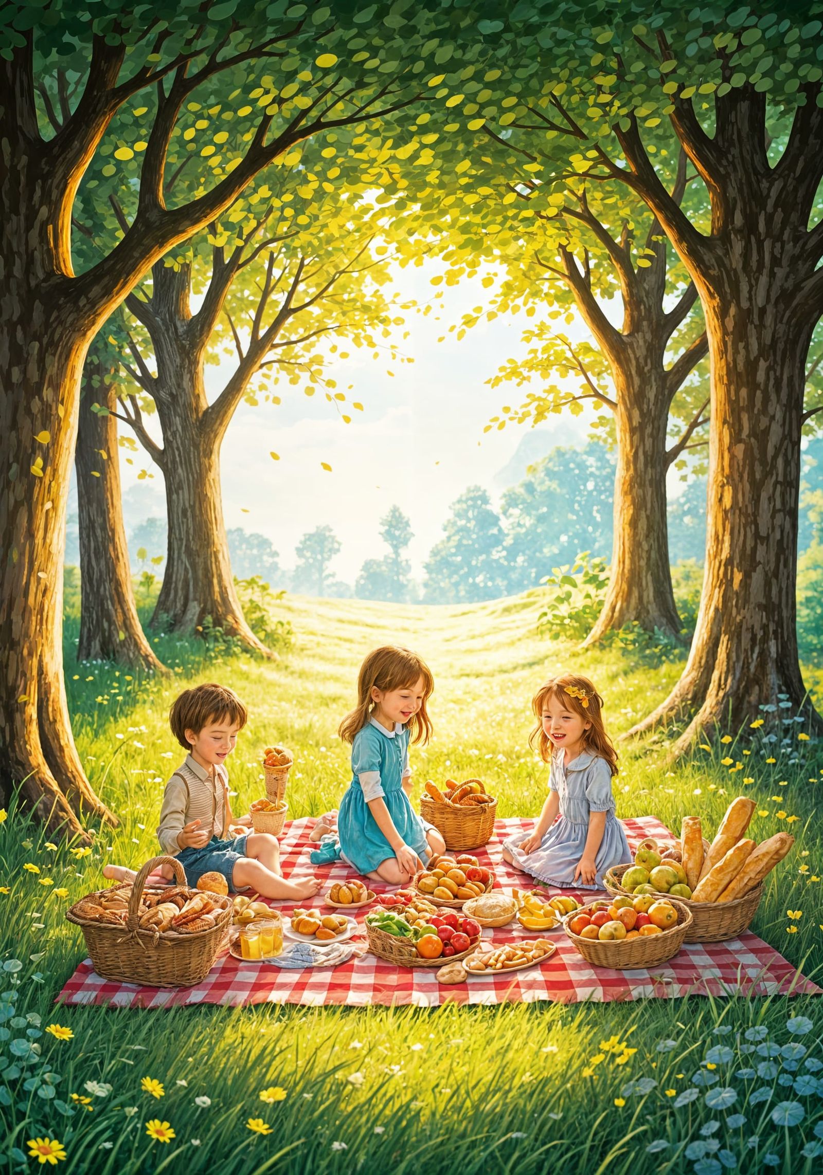 Whimsical Sunny Park Picnic Scene in Vibrant Colors
