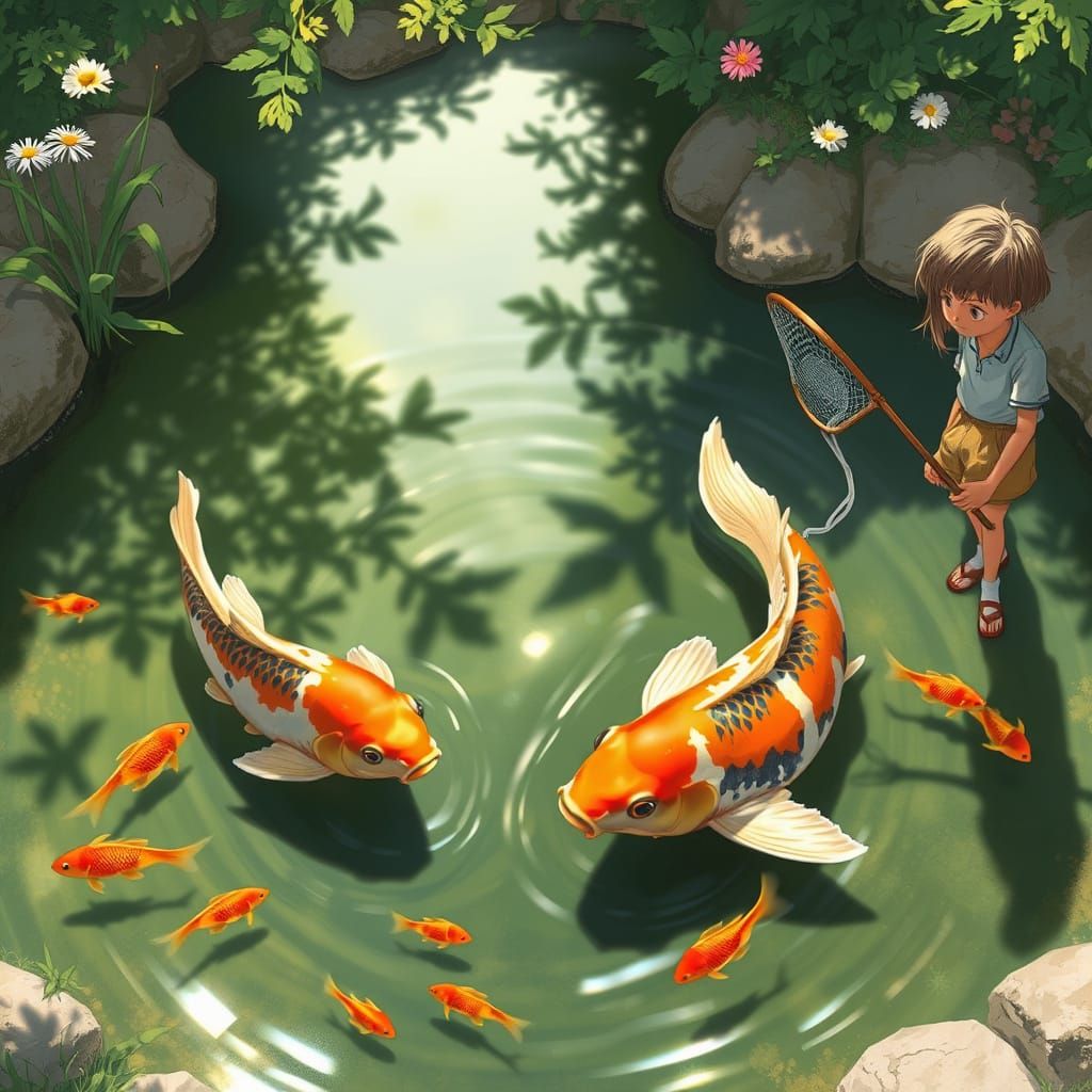 Crowned Koi Carp in Pond, Storybook Illustration