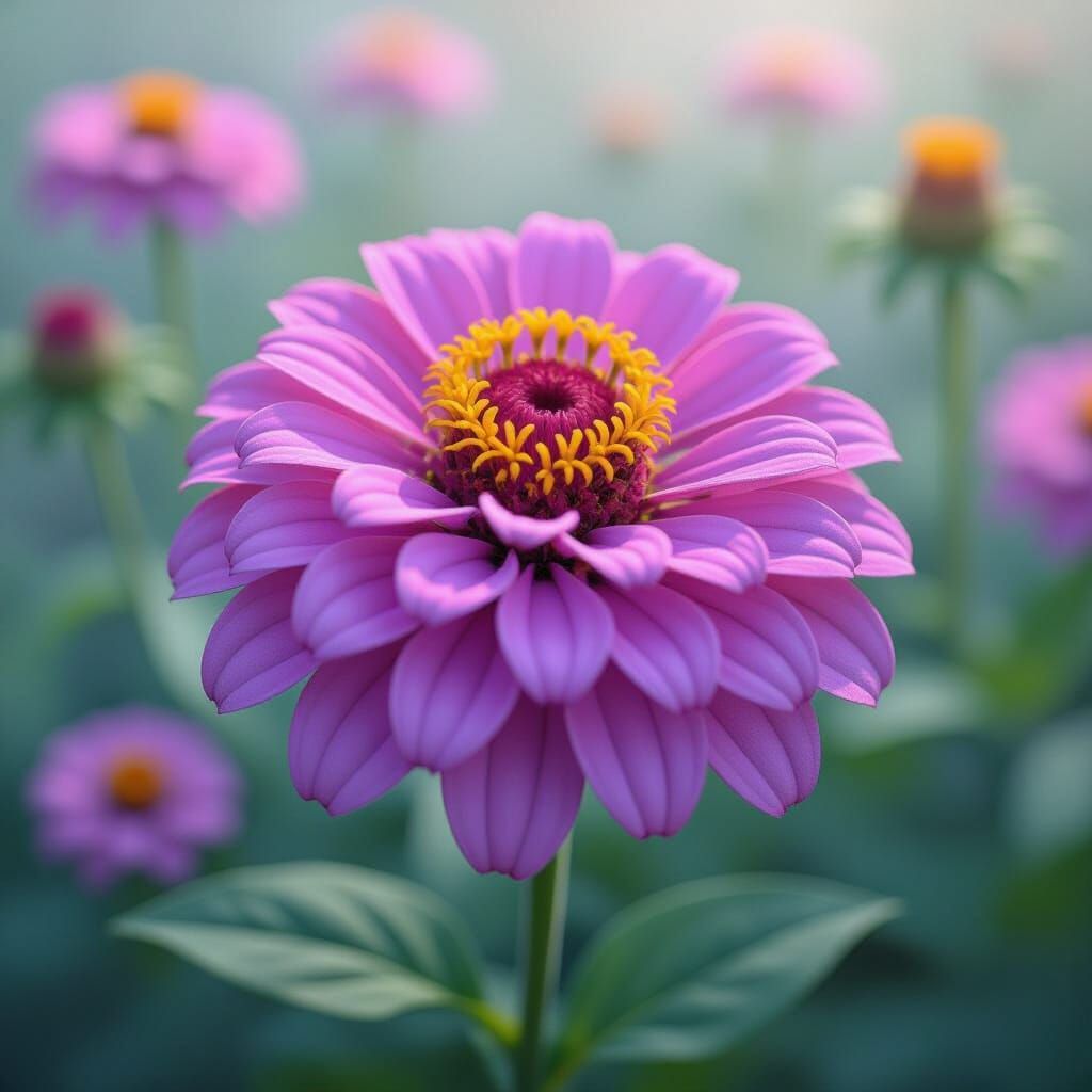 Purple Zinnia in Dreamy Garden: Hyperrealistic Image