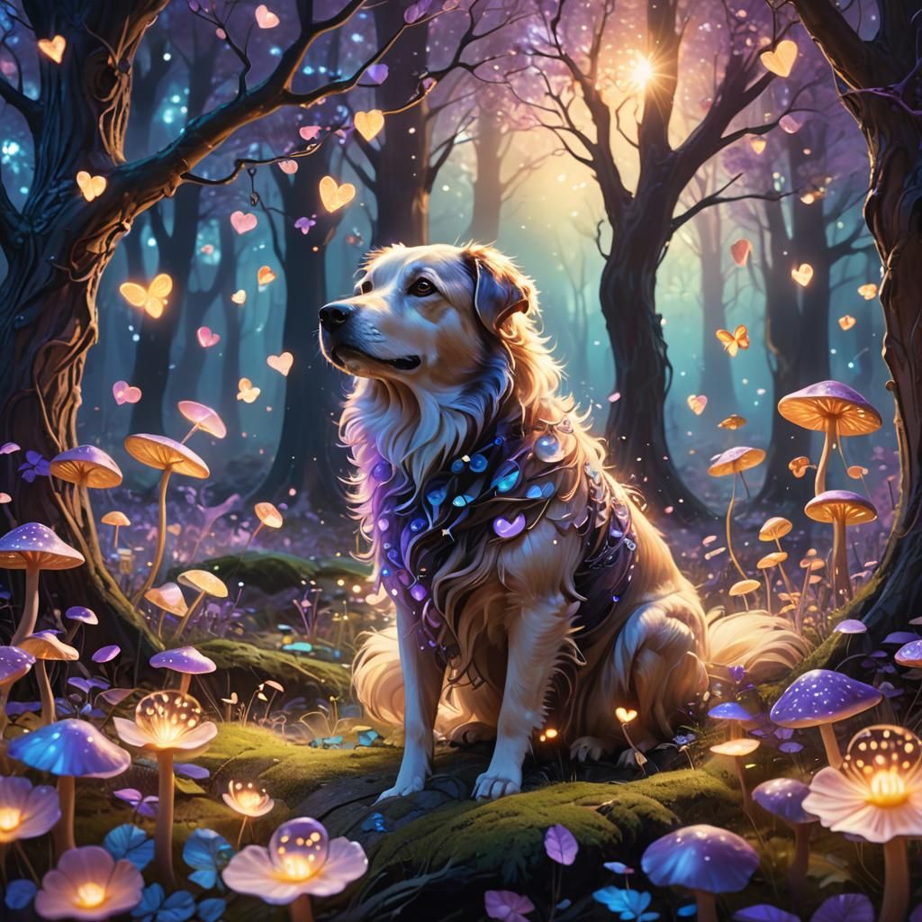 Dog in Enchanted Forest with Glowing Hearts