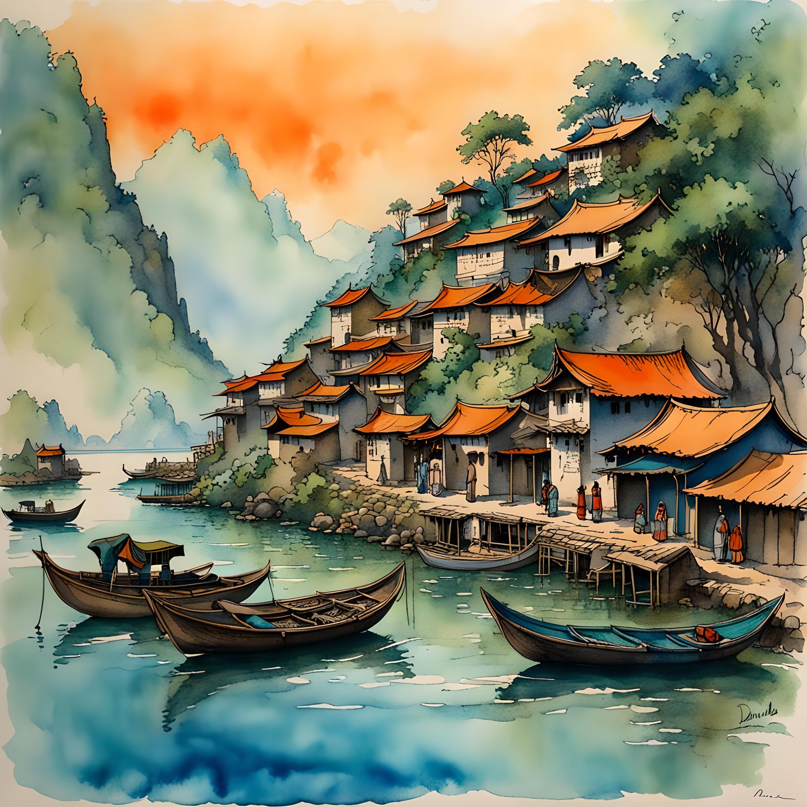 Vintage South Asian Village in Watercolour