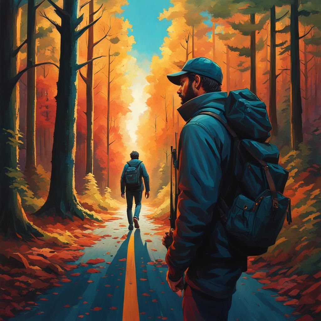 Man at Forest Crossroads: Hyperrealistic Splash Art
