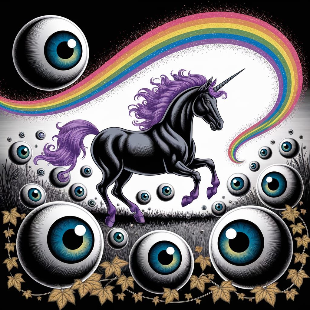Surreal Black Unicorn Gallops Through Floating Eyeballs in W...