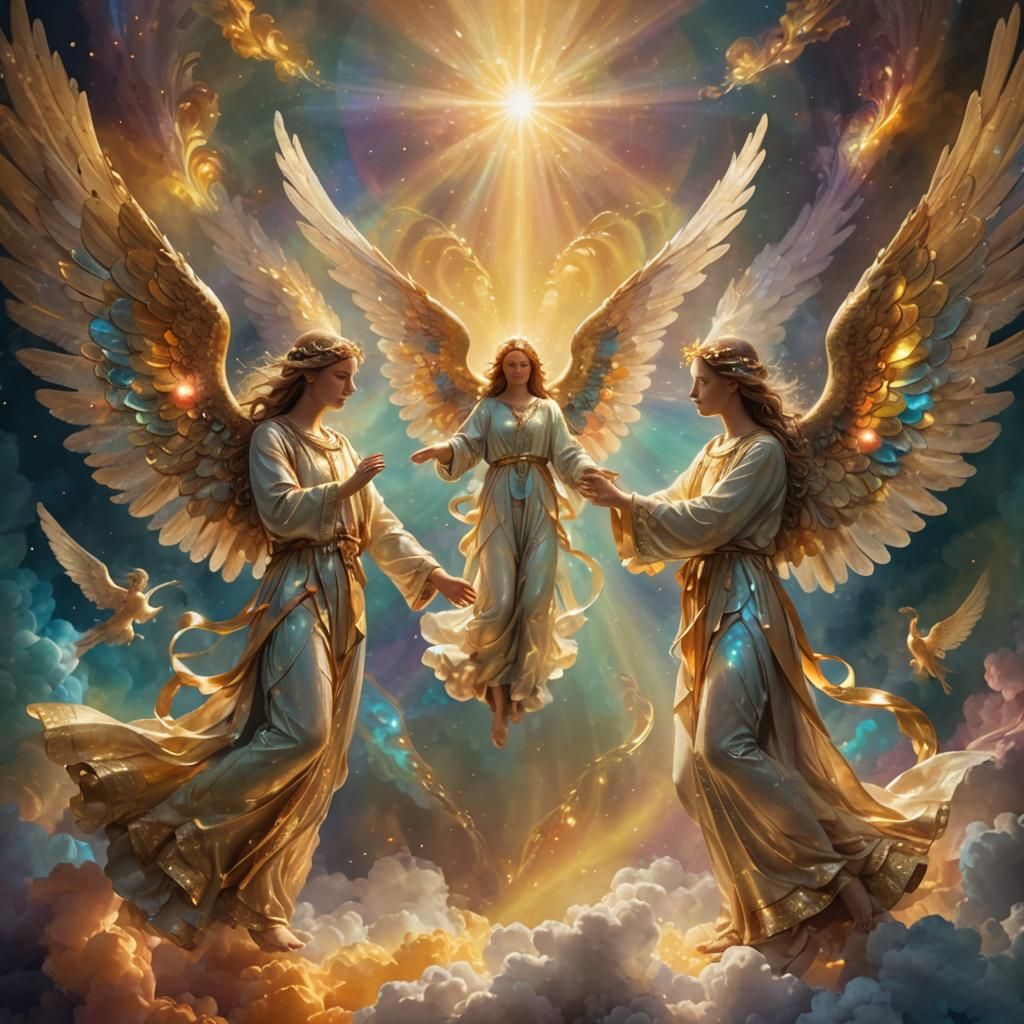Angelic Embrace in Kaleidoscopic Digital Art