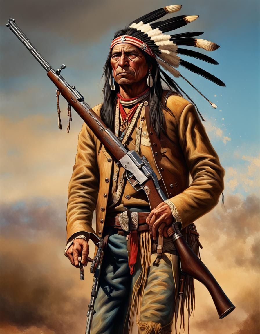 1870's western, "full body", Apache Indian, full war paint, carrying rifle