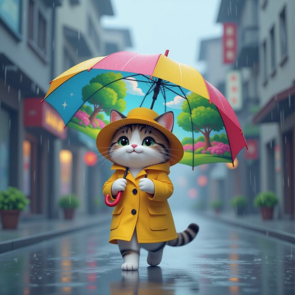 Smiling Cat Walks With Sunny World Umbrella