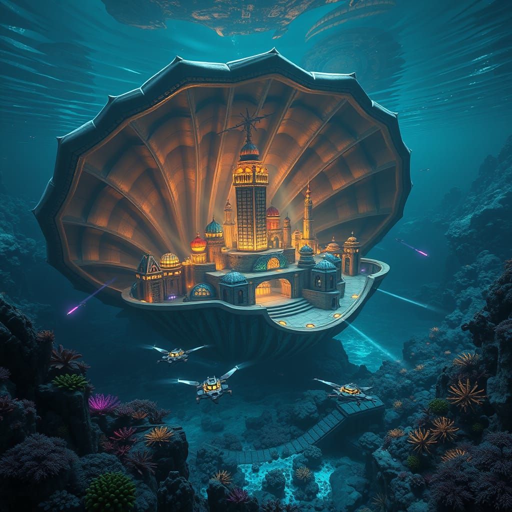 Bustling Underwater City in Bioluminescent Clam Shell