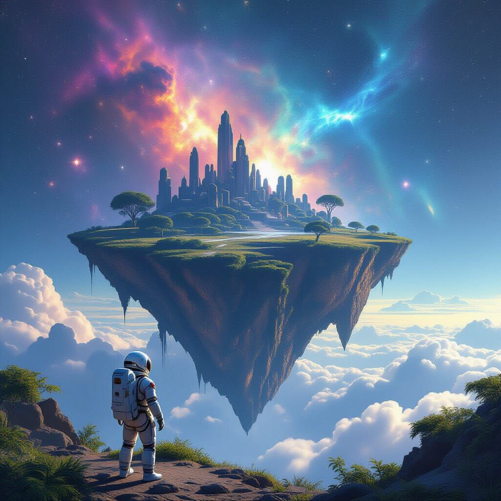Astronaut on Floating Island Gazing at Nebula
