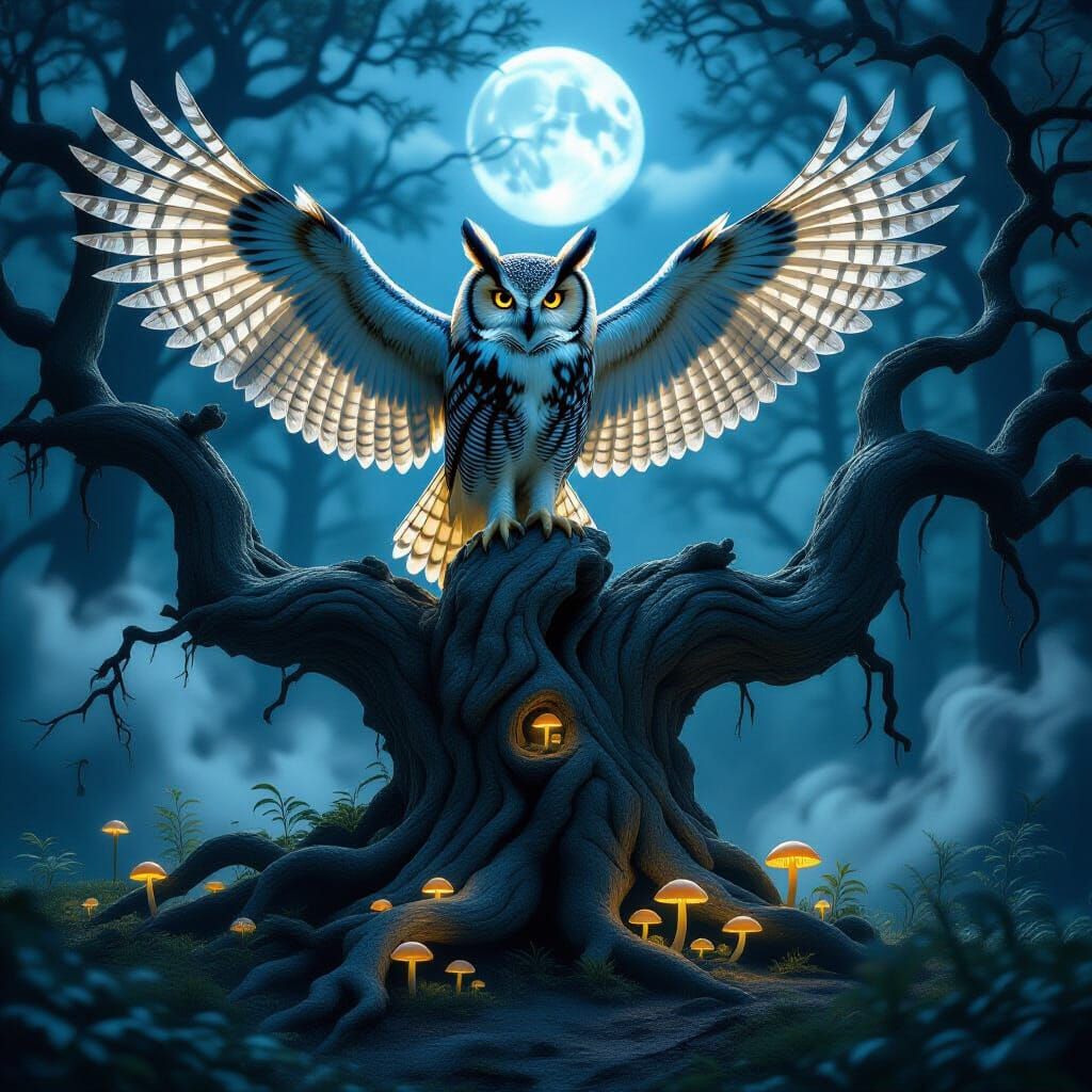 A majestic owl with iridescent, feathered wings, perched ato...