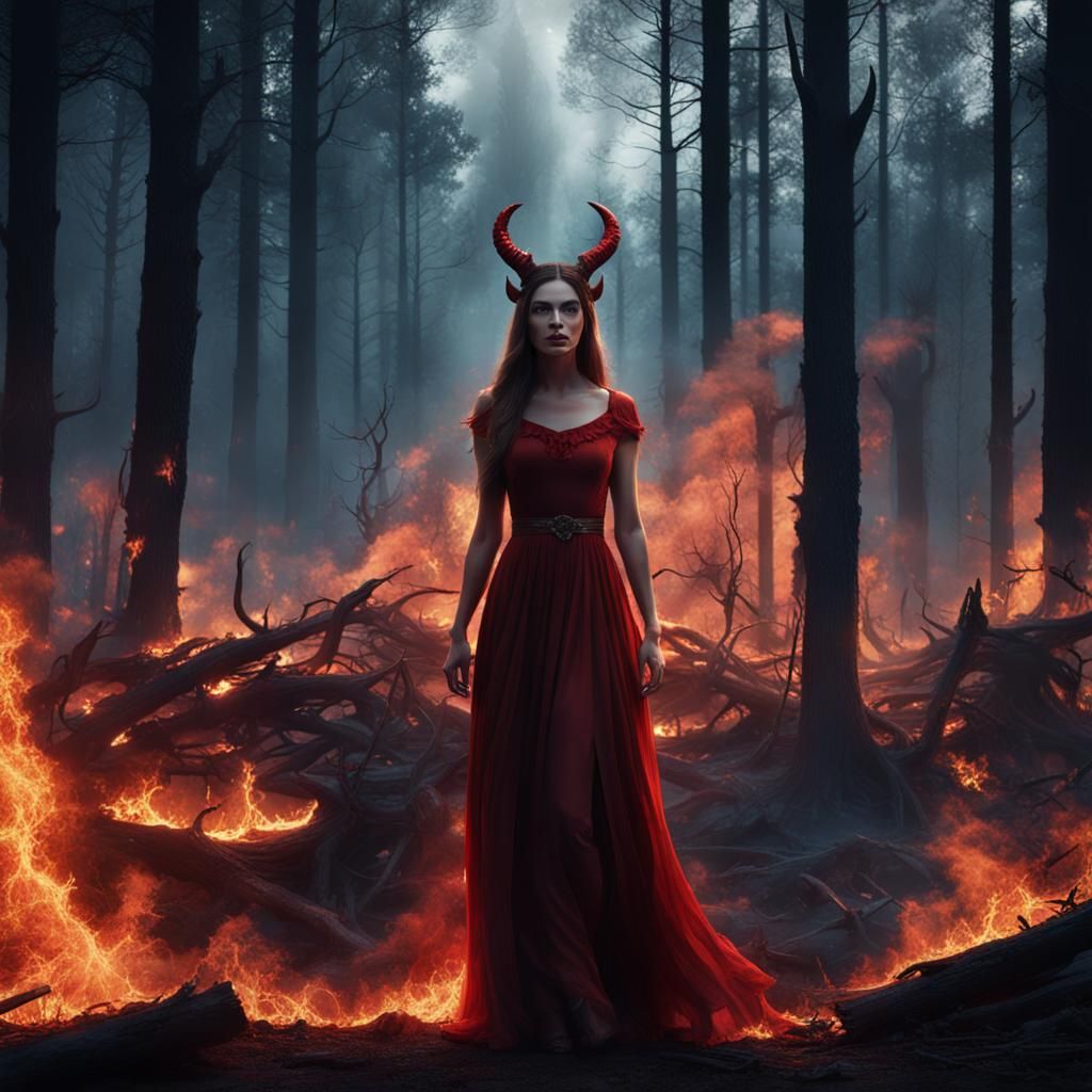 Devil Woman Emerges from Burning Forest