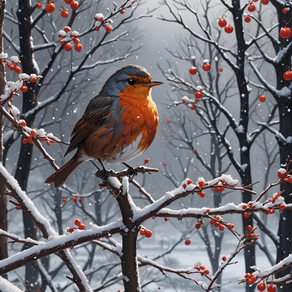 Vibrant Red Robin in Serene Winter Wonderland