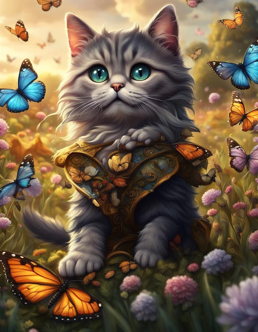Cute cat riding butterflies, surrounded by butterflies in field,big eyes, fluffy paws