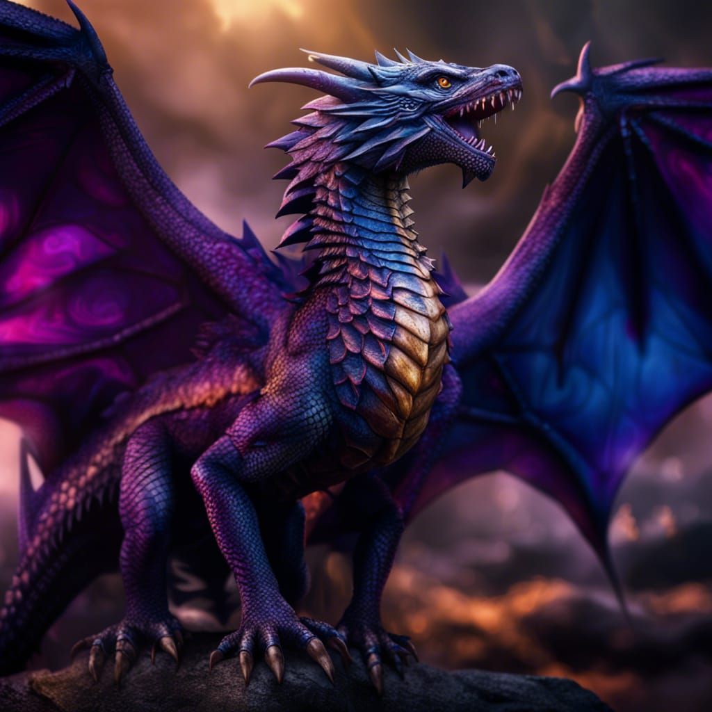 Purple and Gold Dragon Spitting Blue Flames