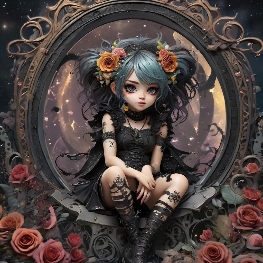 Whimsical Gothic Pixie in Cosmic Setting as Graffiti Art
