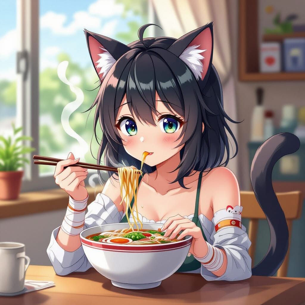 Anime Girl with Cat Features Eating Ramen