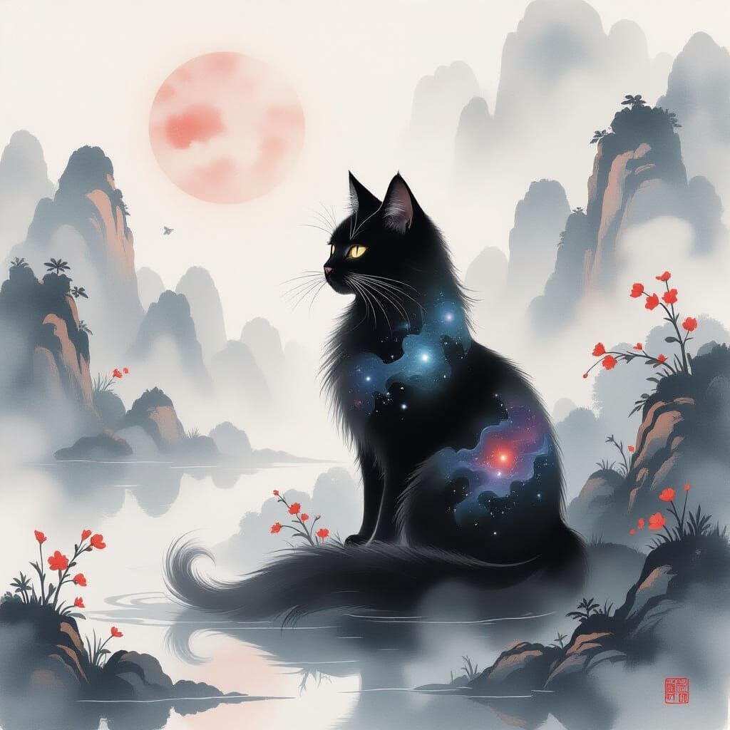 Celestial Ink Cat in Chinese Landscape Painting