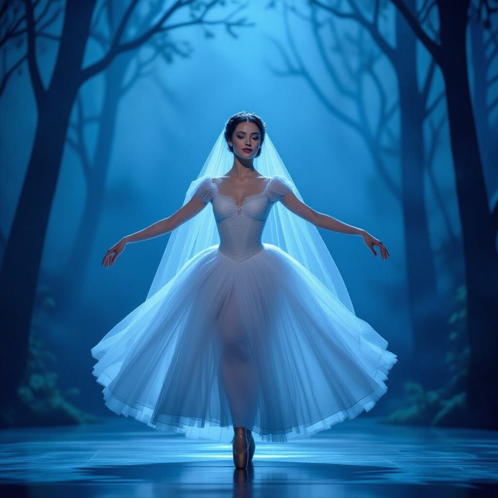 Ballerina as Giselle in a Moonlit Forest