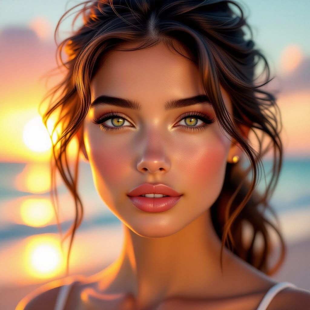 Italian Girl's Face Over Beach Sunset, Digital Art