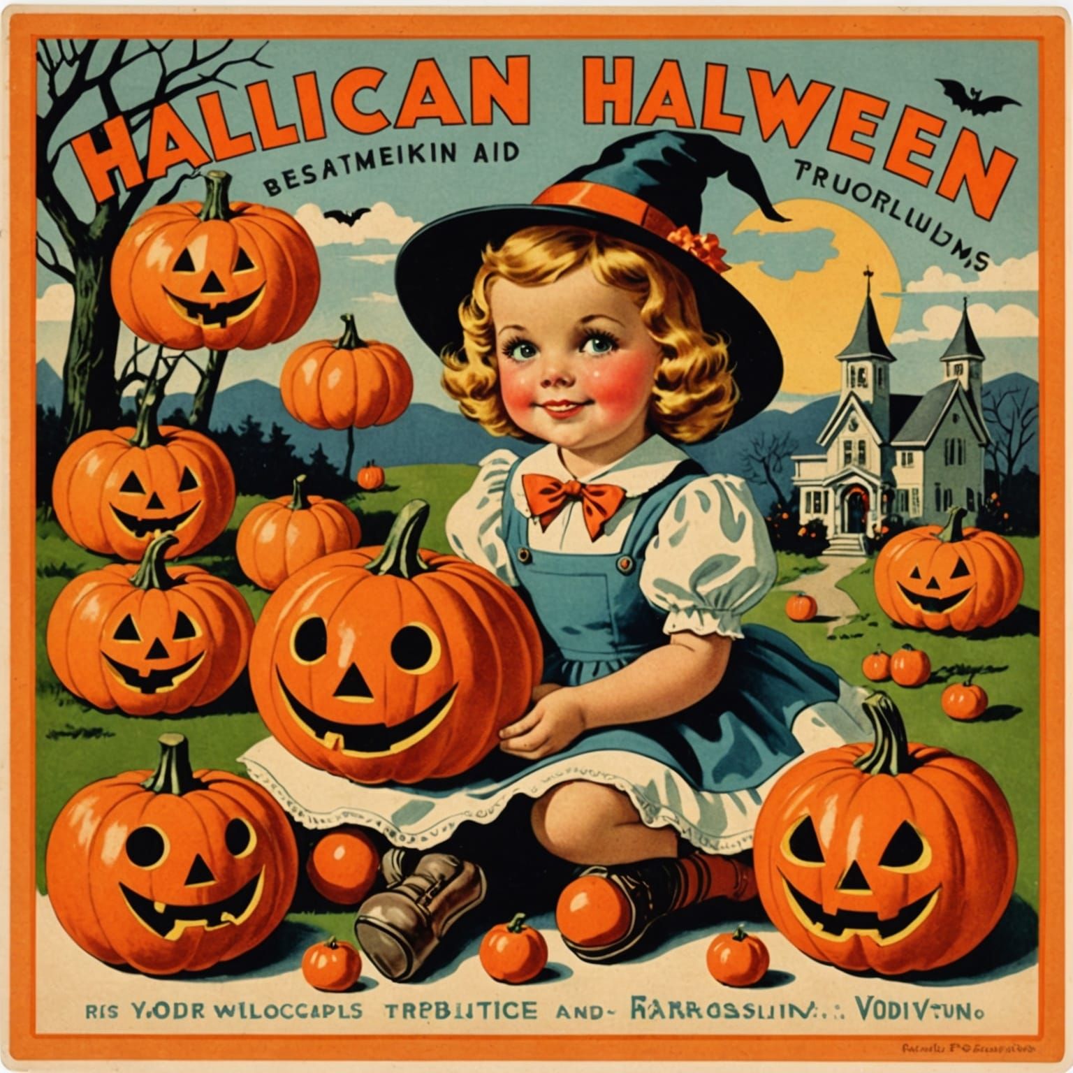 Vintage Halloween Ad with Pumpkins and Candy