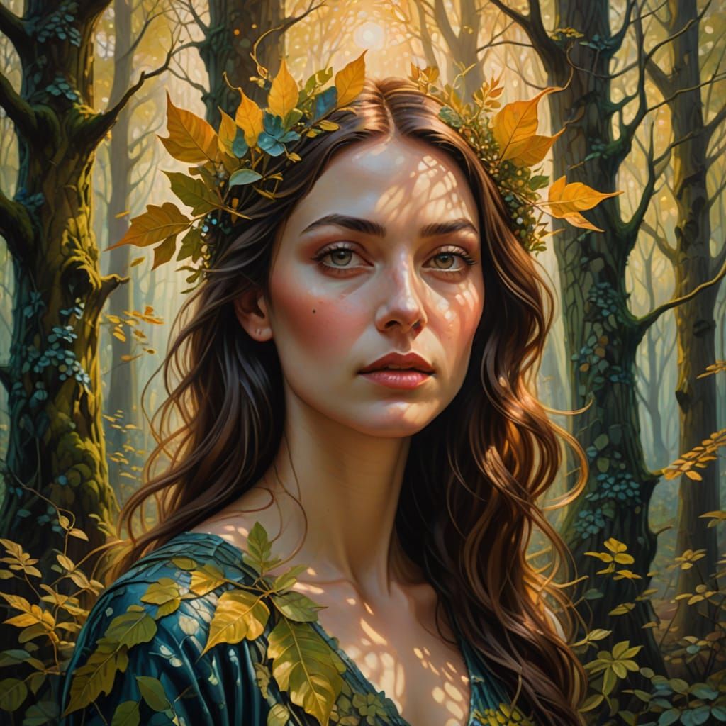 Surreal Woman in Enchanted Forest Oil Painting