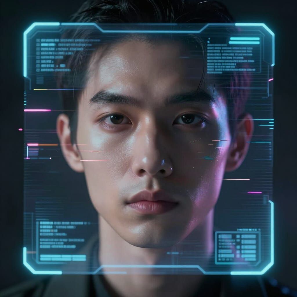 AI Human Face with Glitches on Holographic Display