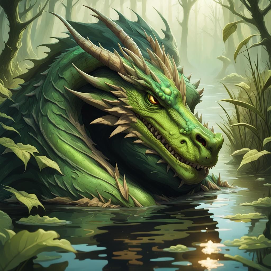Green Acid Dragon Portrait in Swamp, Detailed 8K