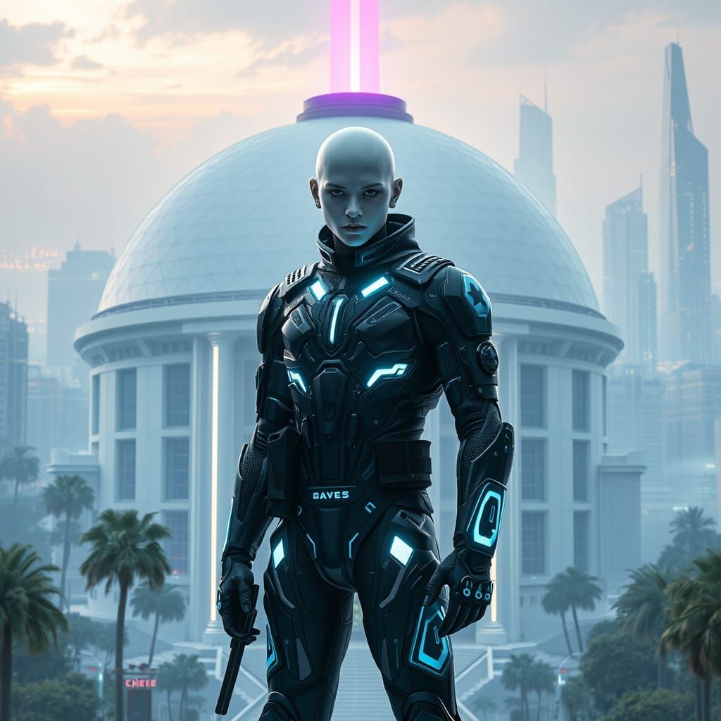 Cyberninja in Utopian Cityscape by Buckminster Fuller