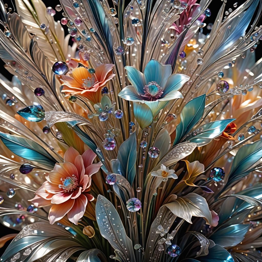 Art Deco Glass Floral Arrangement with Crystals