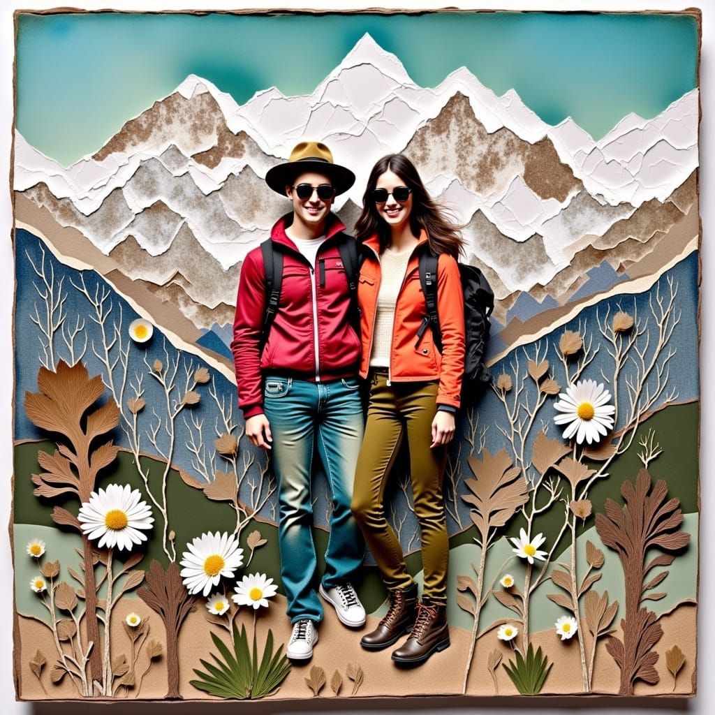 Retro Hikers in Mountain Collage Art