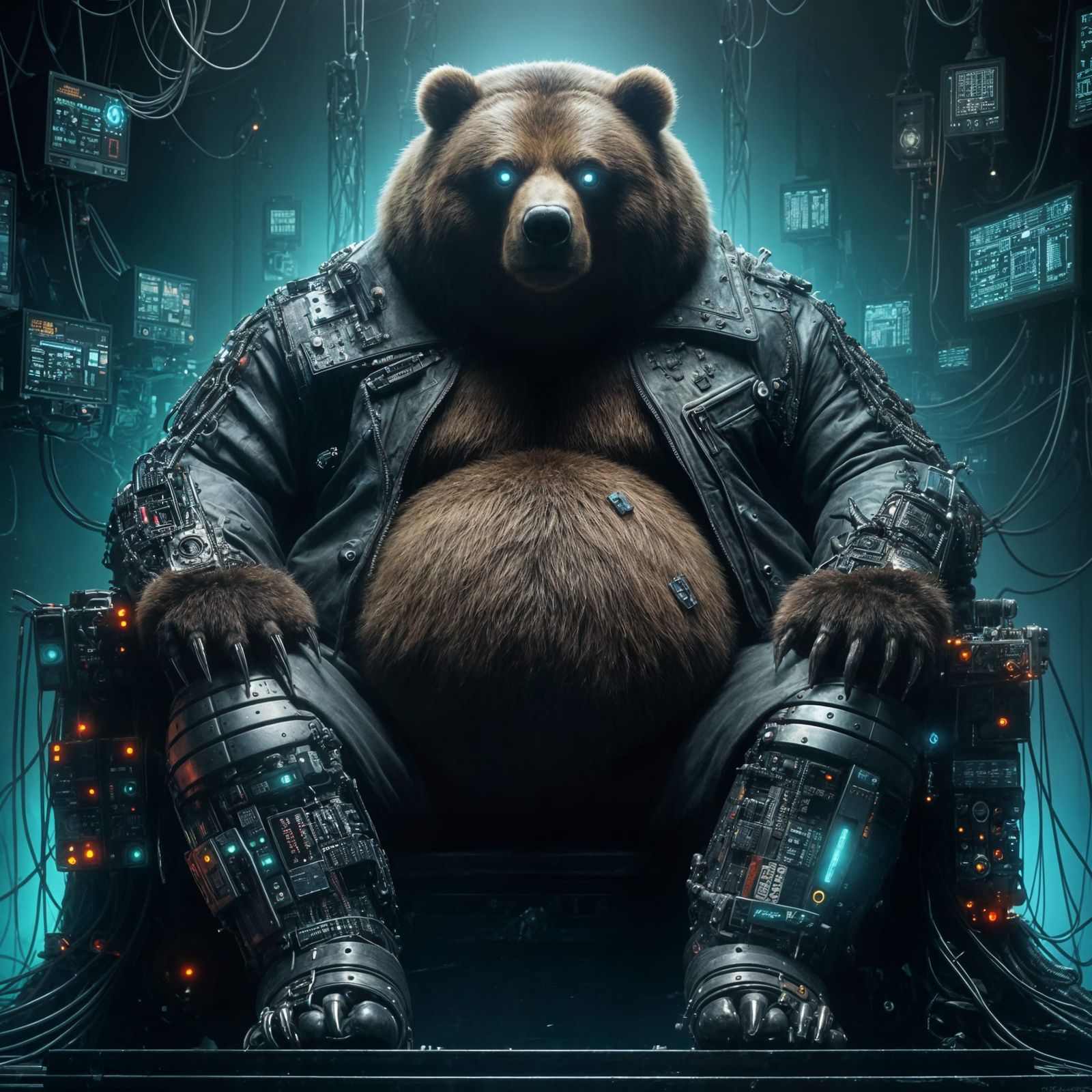 Cyborg Bear on Throne of Wires in Dark Fantasy Style