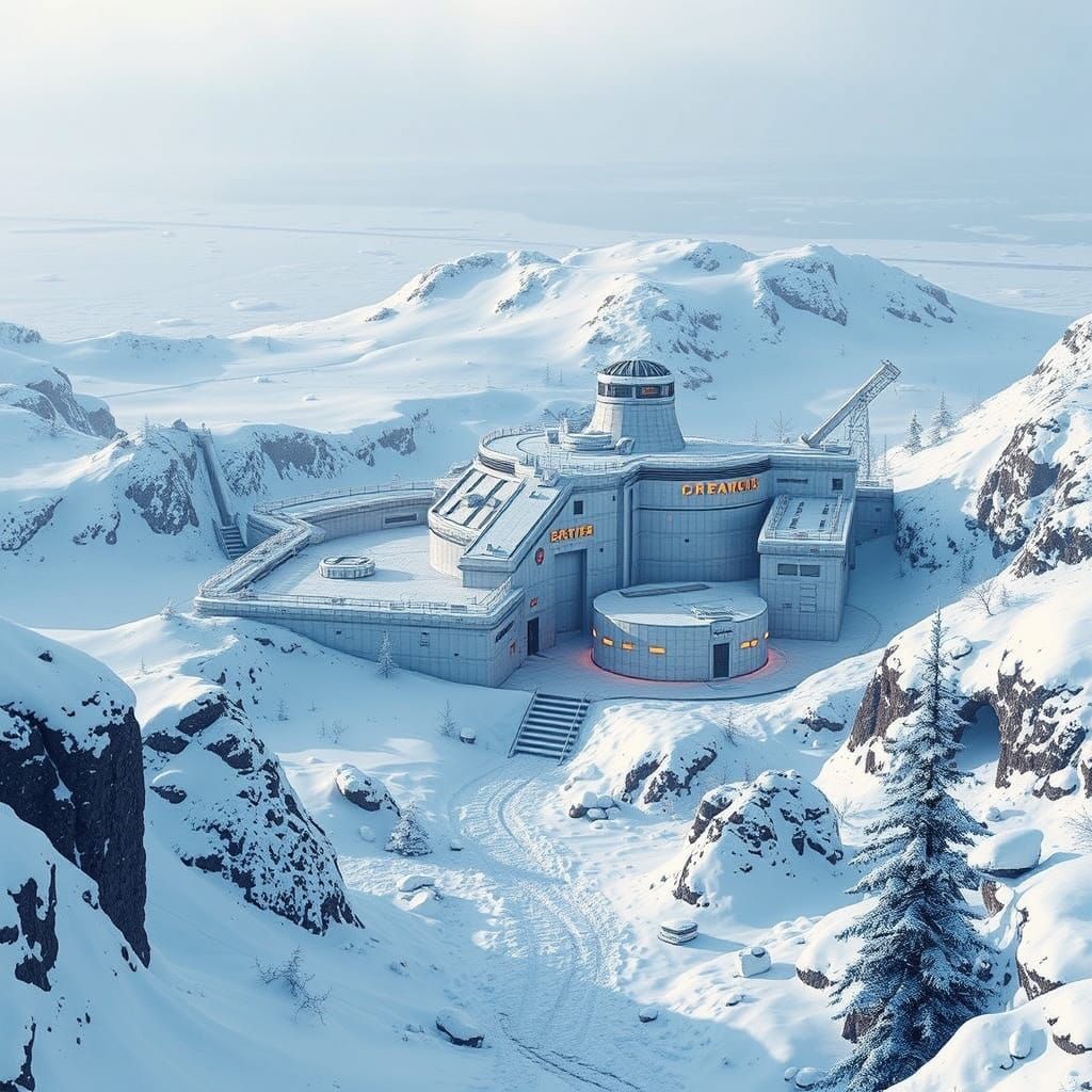 Camouflaged Arctic Spy Base in Futuristic Photorealism