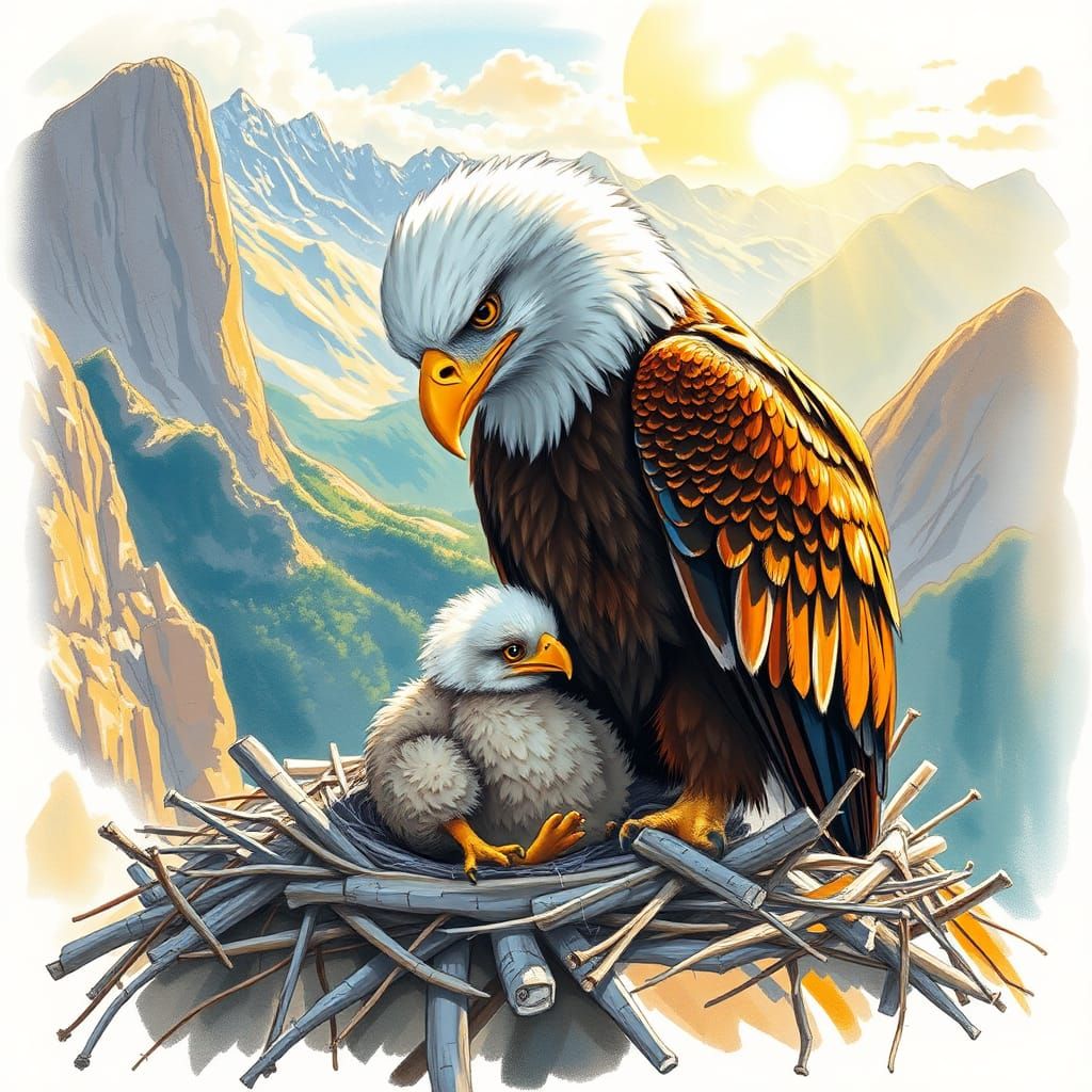 Eagle and Chick: A Vibrant Wildlife Sketch