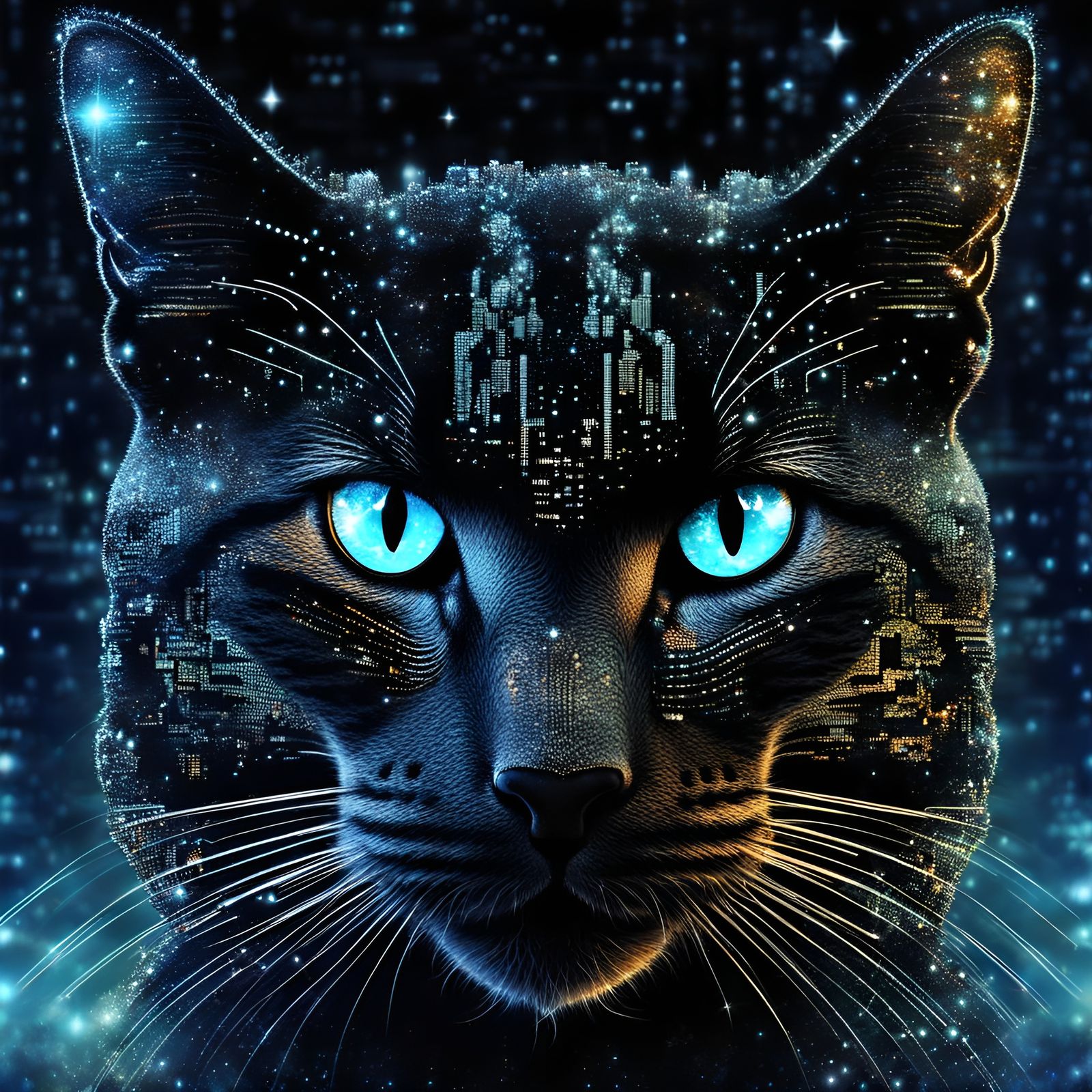 Binary Cityscape Inside Cat Silhouette