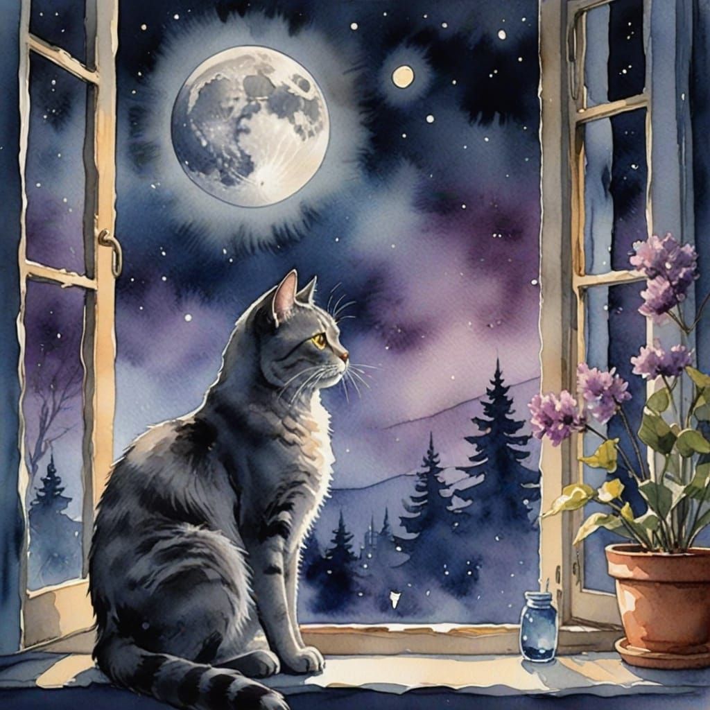 Whimsical Watercolor Cat Under Lunar Glow