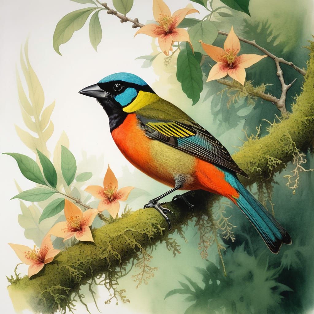 Vibrant Cherry-Throated Tanager Perched in Lush Emerald Foli...