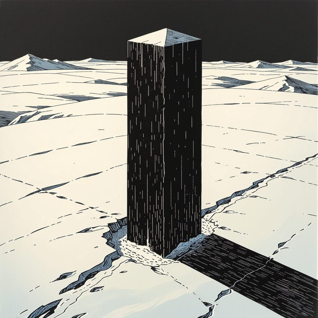 Monolith on Snow Field in Woodcut Style