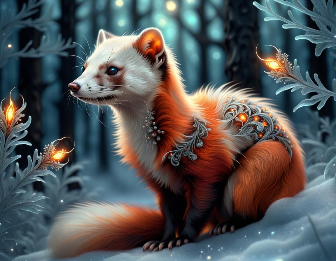 Fiery Ferret-Fox in Frozen Forest: A Fantasy Scene