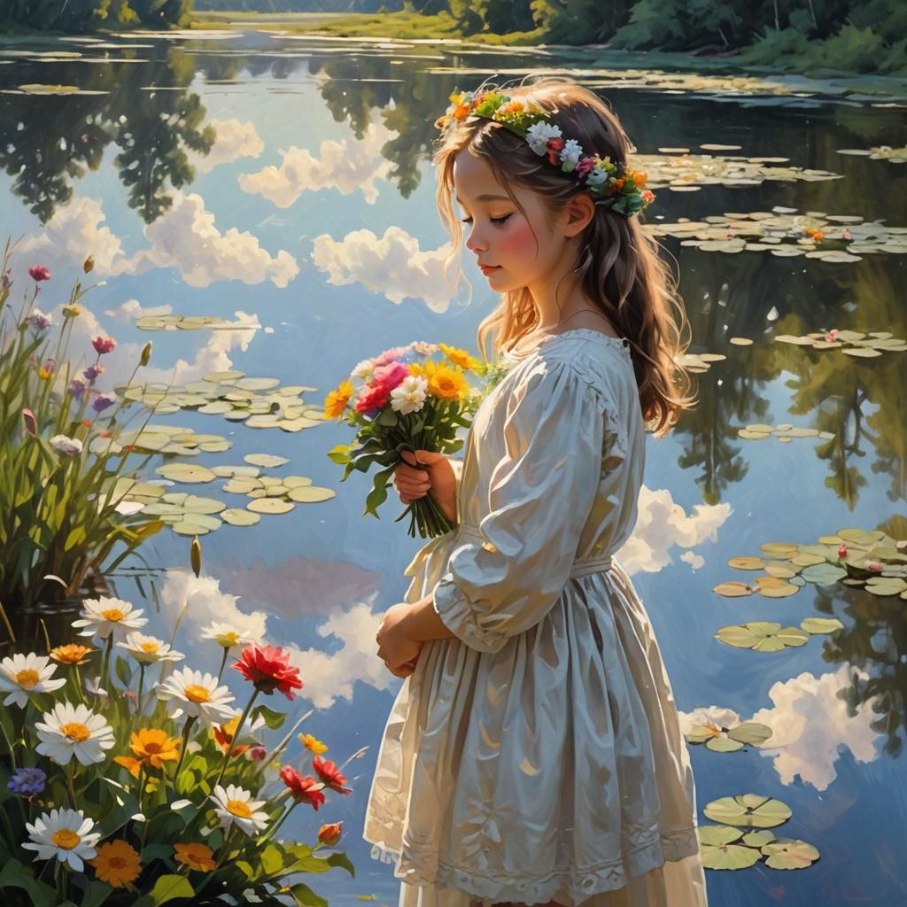 Girl with Flowers at Lake: Magical Realism