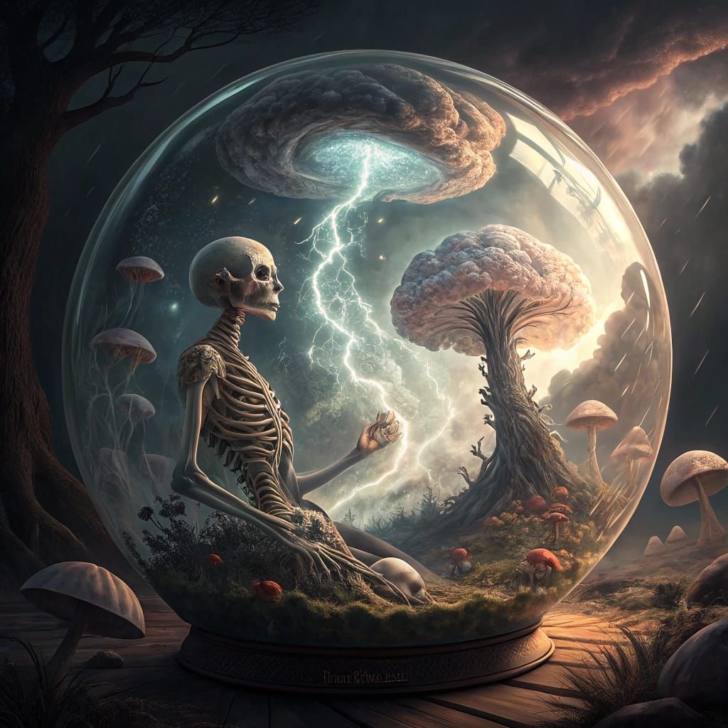 Crystal Ball Lightning Strikes Skeleton: 3D Digital Art