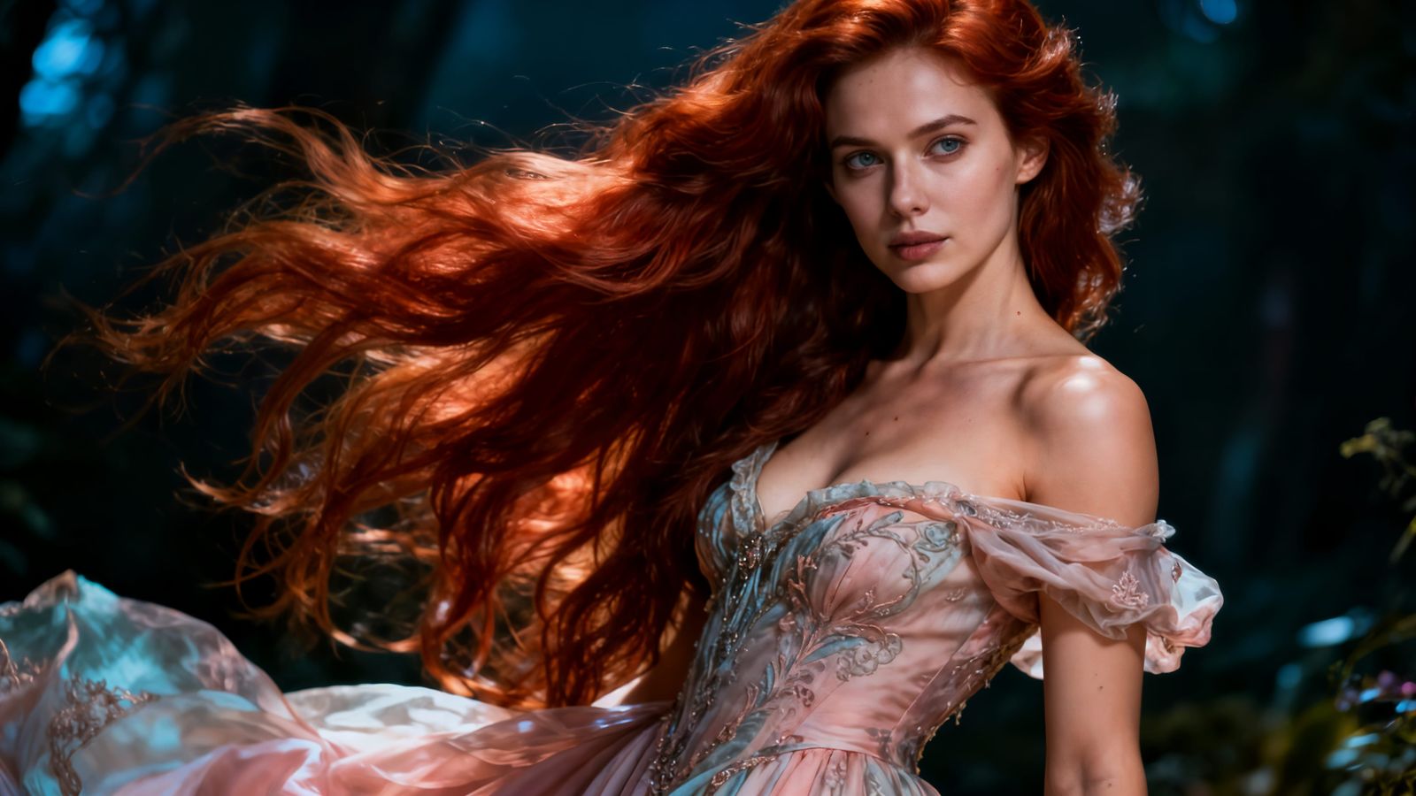 Beautiful Woman with Flowing Red Hair and Alluring Gaze