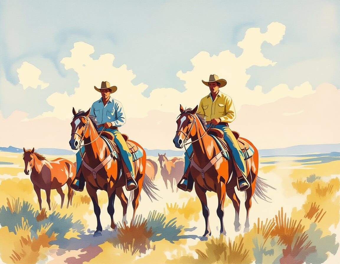 Cowboys Herding Cattle in Expressive Watercolor Style