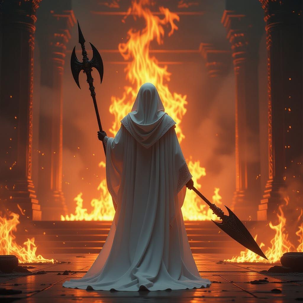 Priestess Enters Burning Temple with Halberd