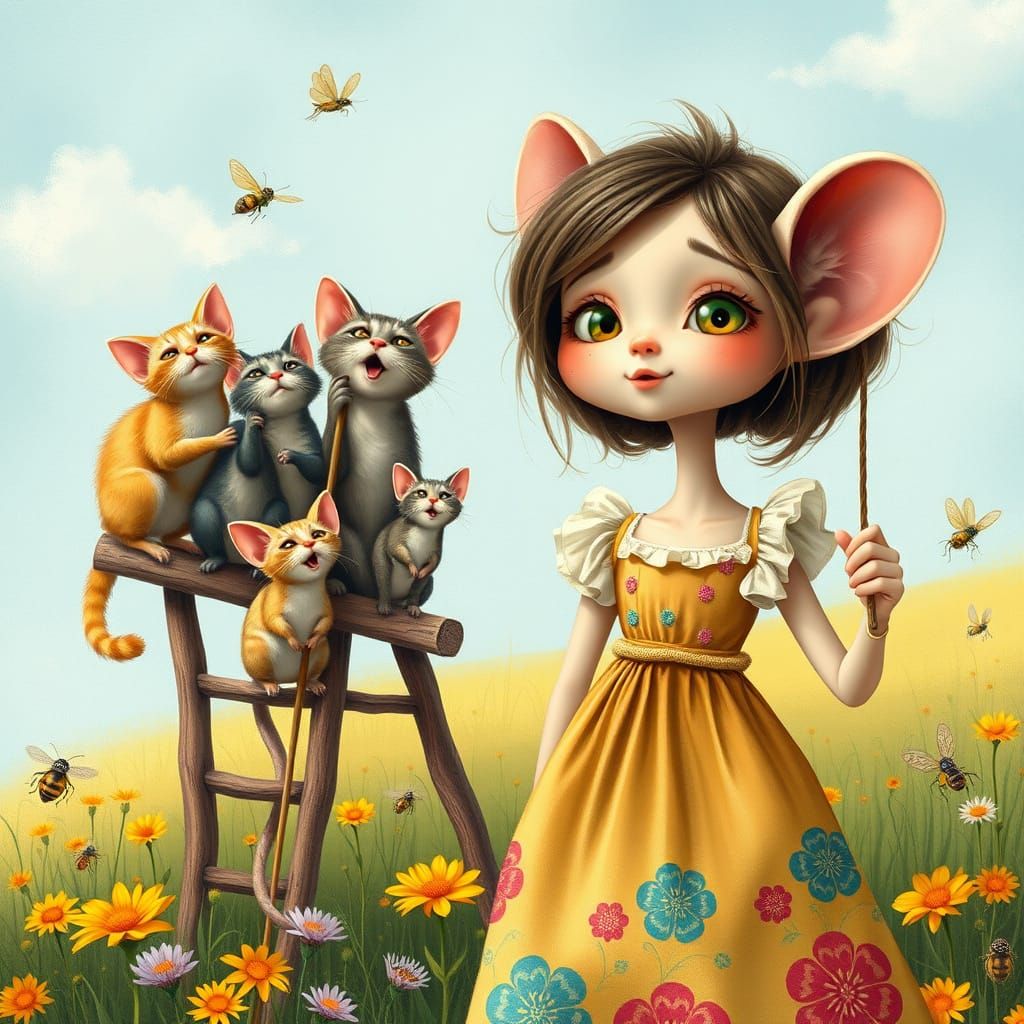 Whimsical Cats Sing on a Sunny Ladder with a Cute Girl