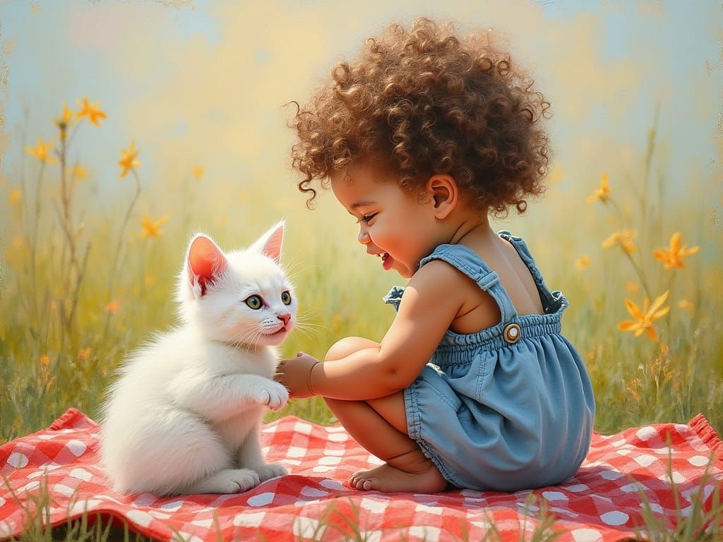 Luminous Encaustic Scene of Toddler Girl and Kitten on Picni...