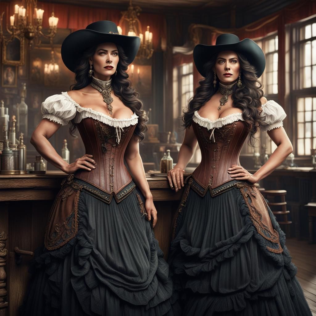 Two Detailed Cowgirls in Saloon, Fantasy Concept Art
