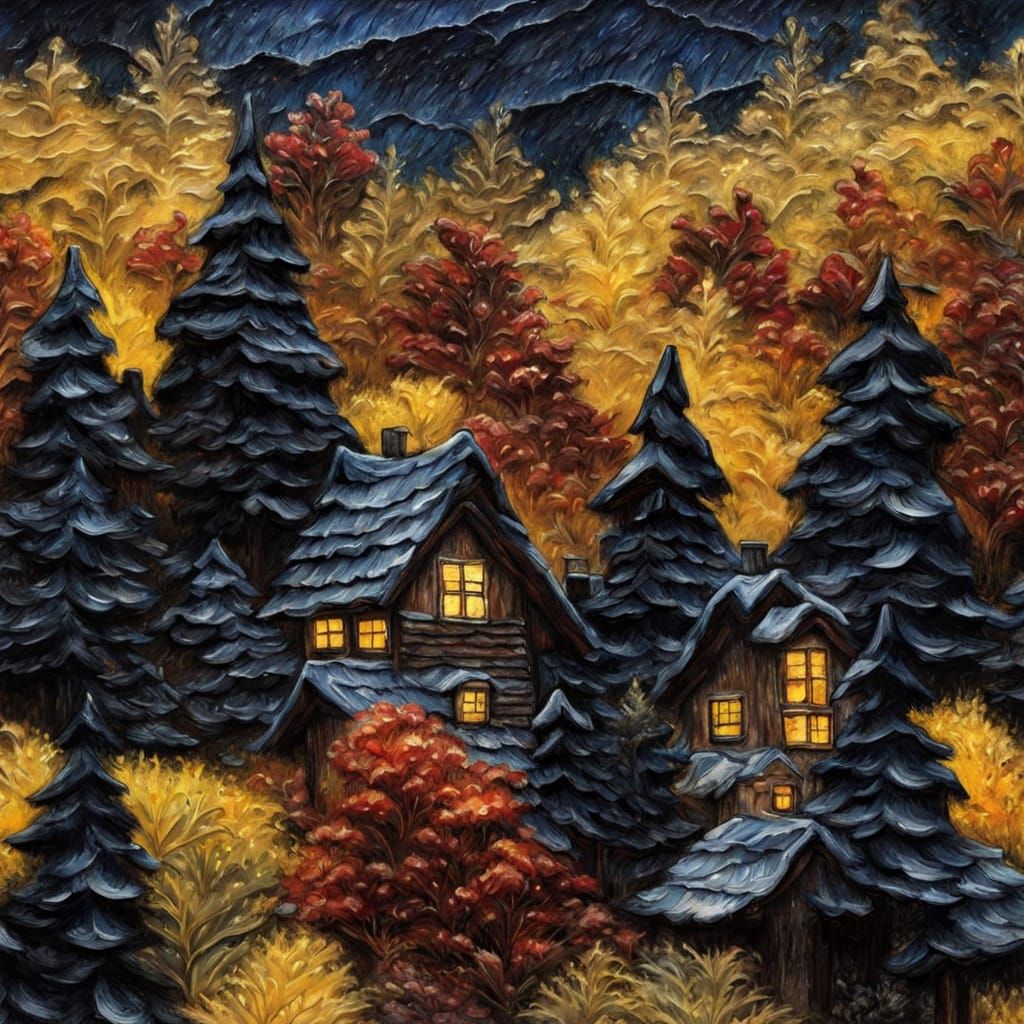 Black Forest at Night: Textured Encaustic Impasto Painting