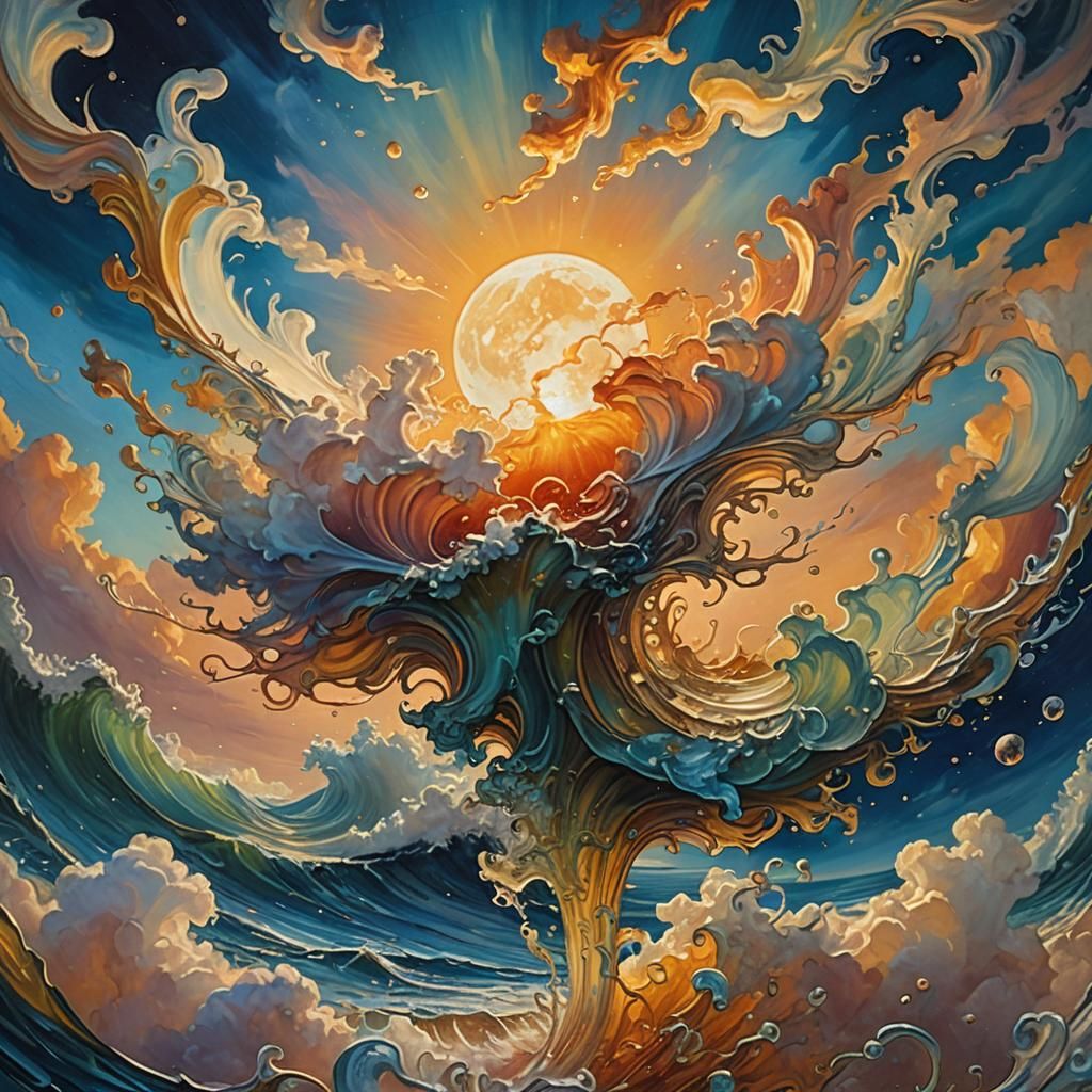 Surreal Sun and Moon Underwater: Art Nouveau Painting