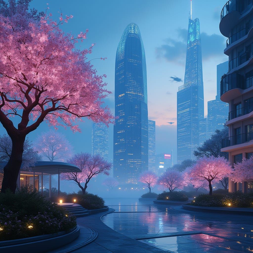 Bioluminescent Cityscape with Holographic Cherry Blossoms
