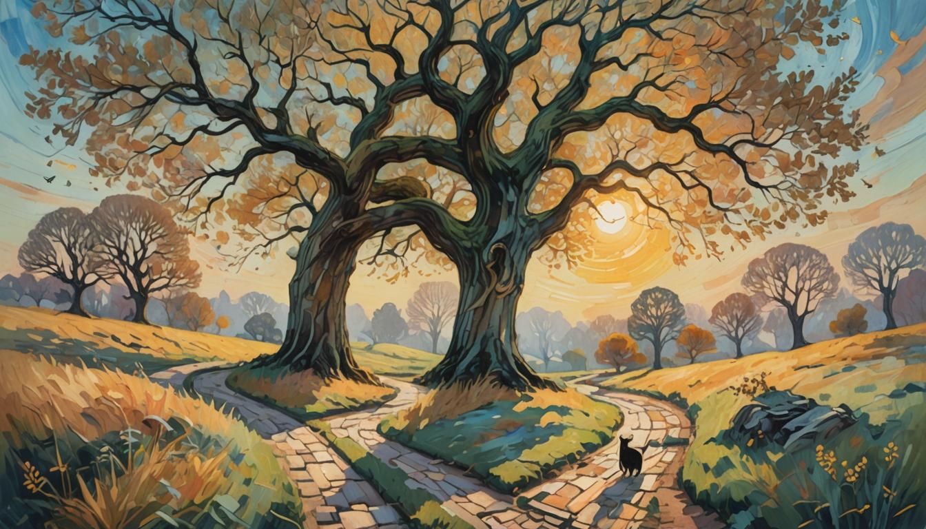Impressionist Landscape with Golden Path and Oak Tree