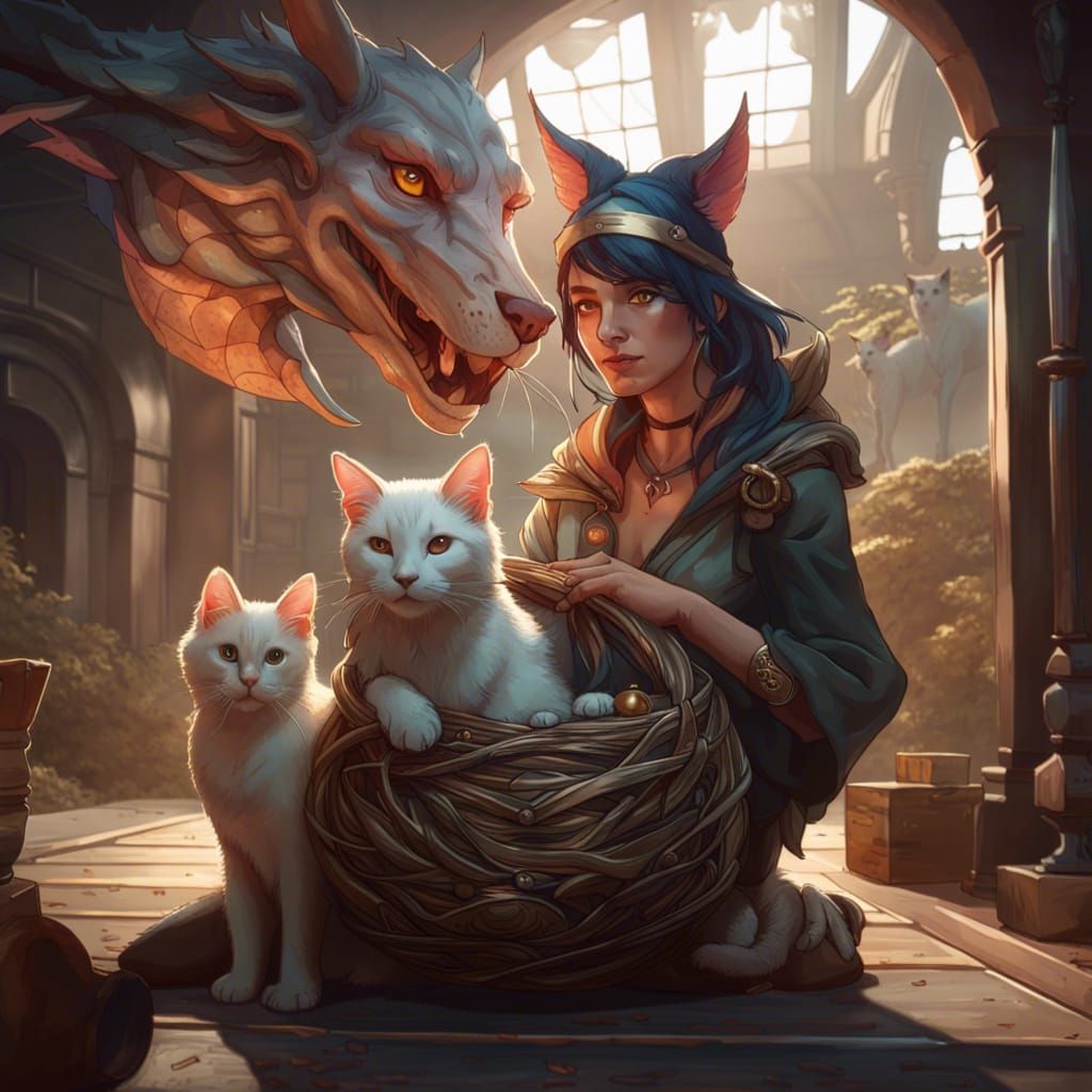 Person with Cat, Dog, Dragon: Detailed Portrait